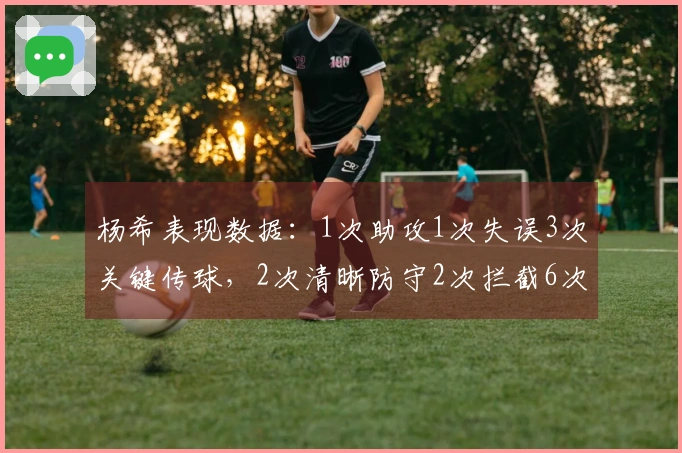 杨希表现数据：1次助攻1次失误3次关键传球，2次清晰防守2次拦截6次抢球，评分7.2